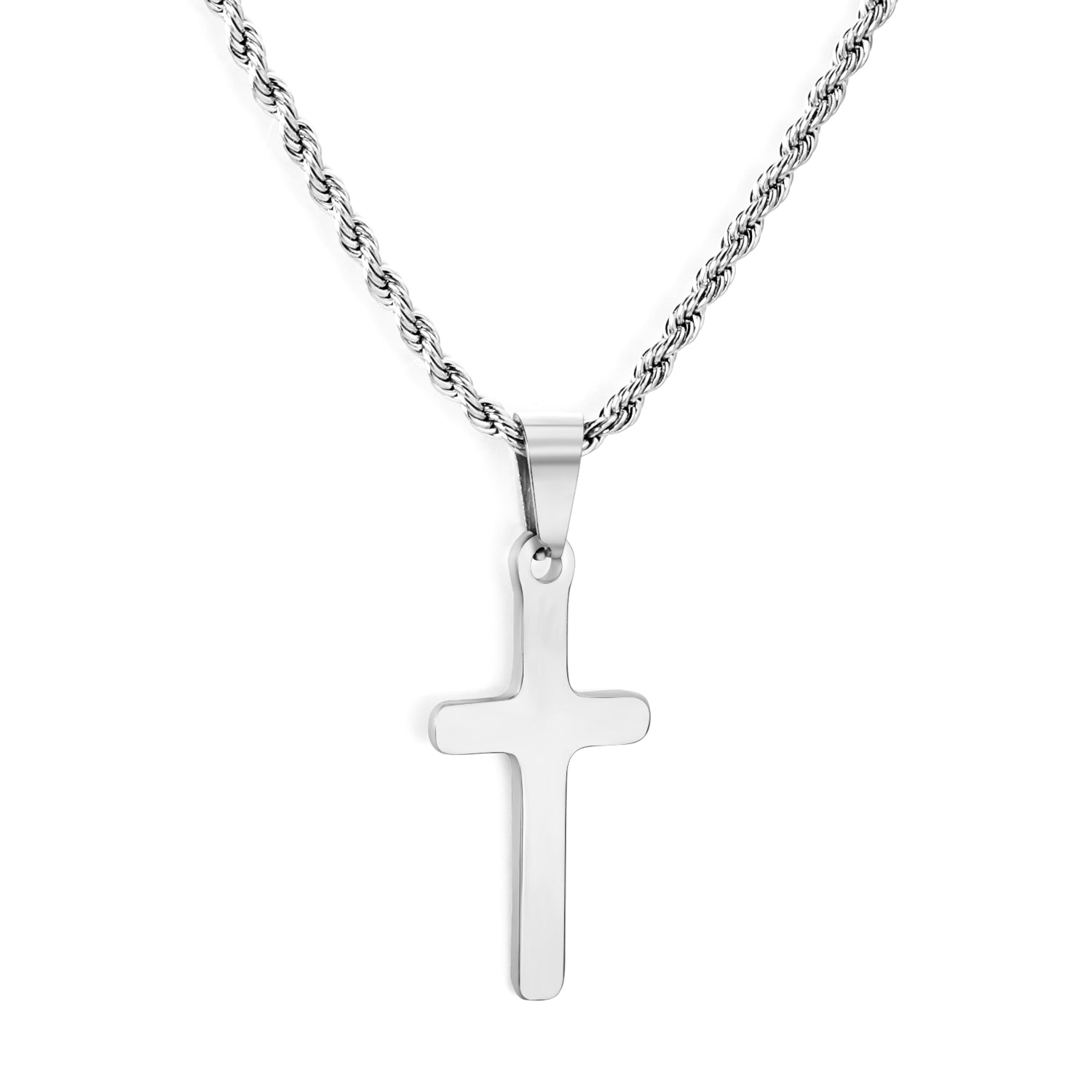 Brushed Cross Rope Chain Necklace — Silver