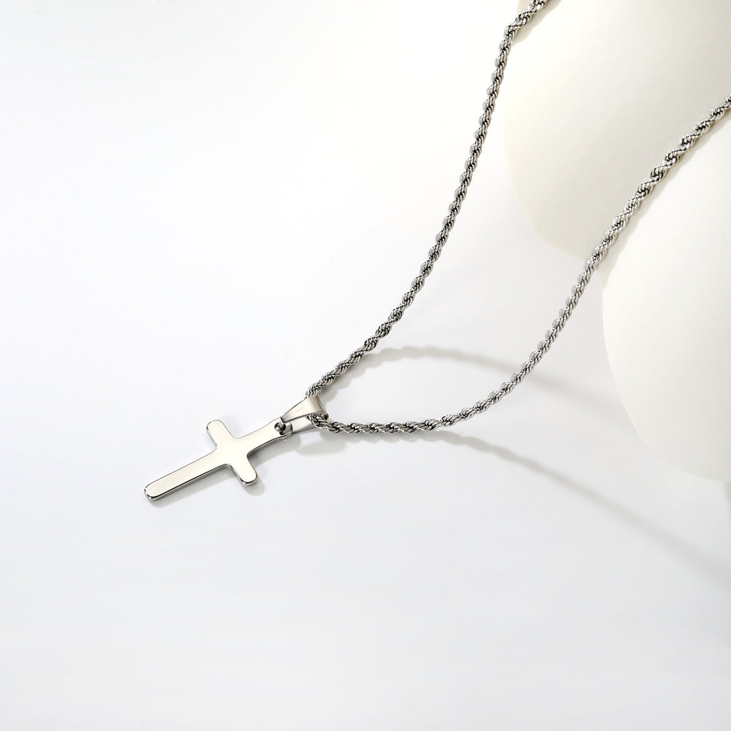 Brushed Cross Rope Chain Necklace — Silver