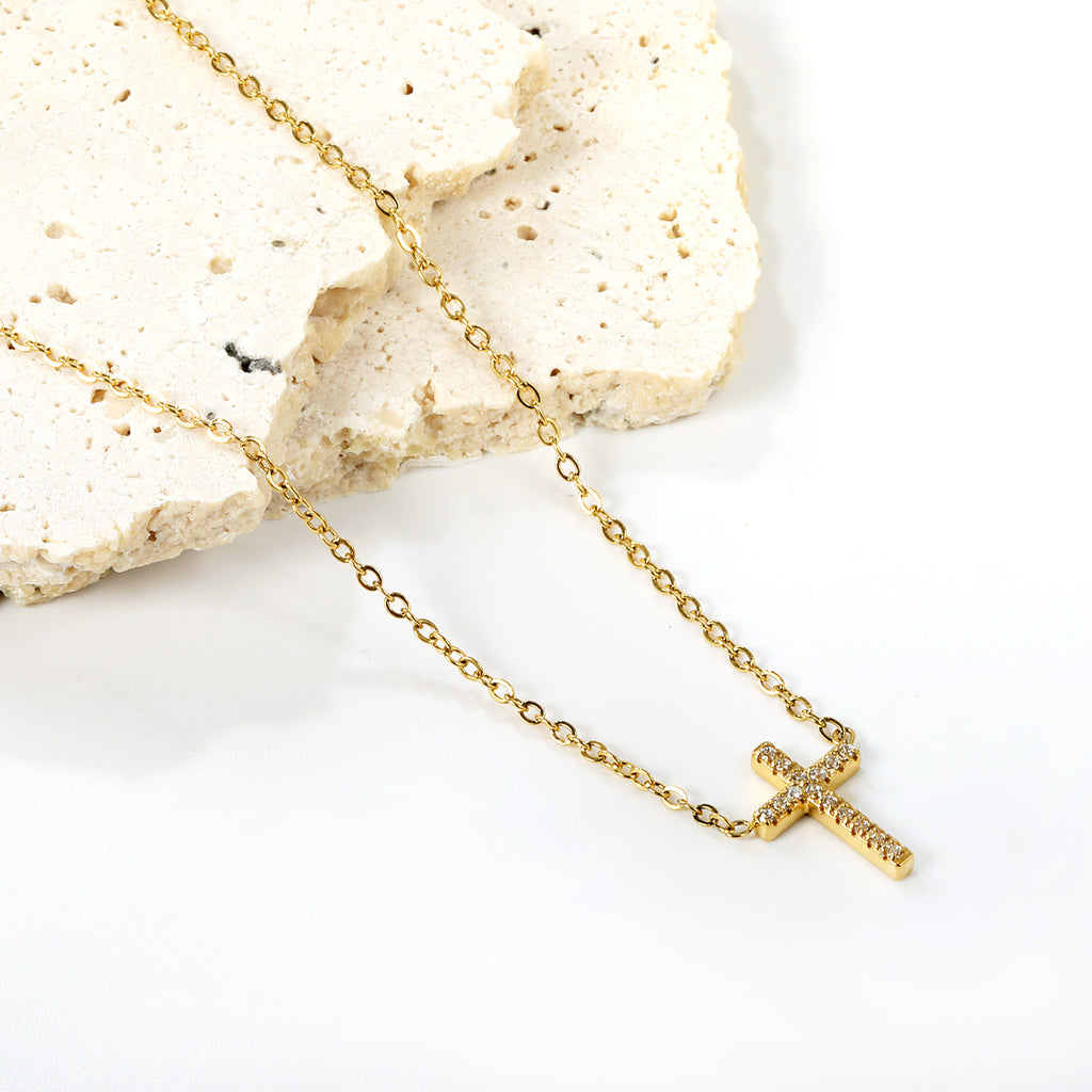 Pavé Cross Necklace — Gold