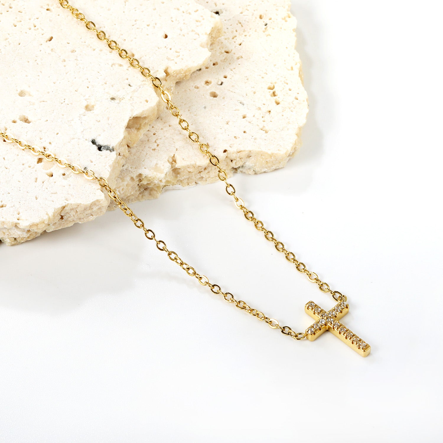 Pavé Cross Necklace — Gold