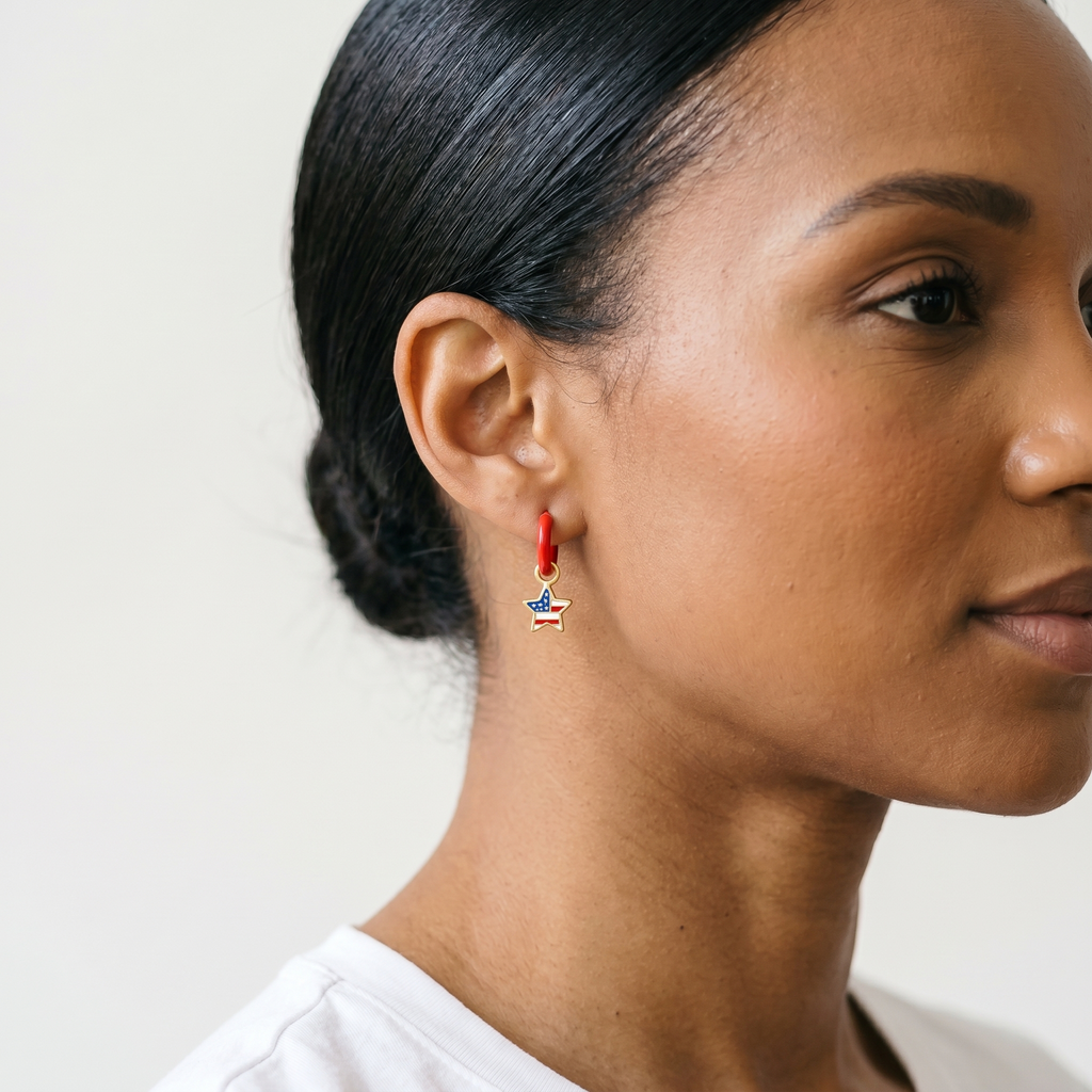 Americana Star Drop Hoops — Red Enamel & Gold