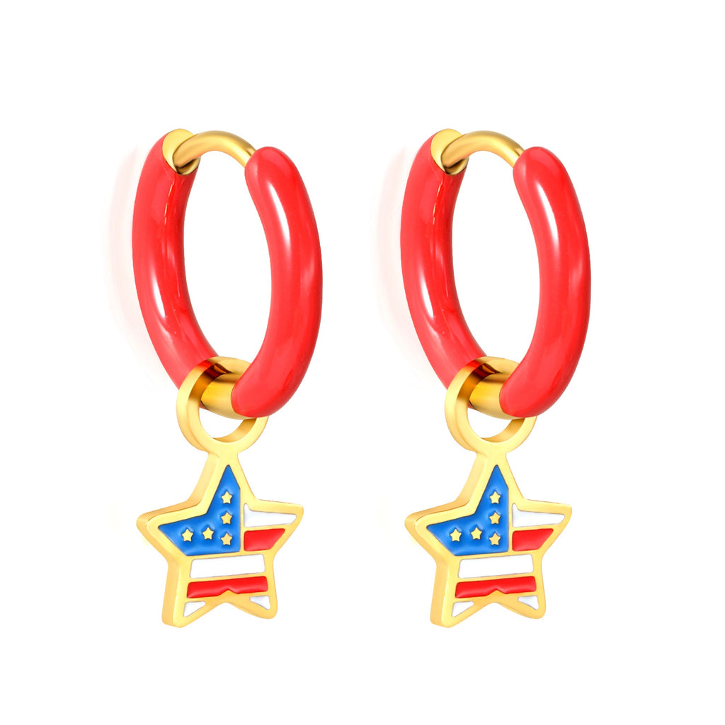 Americana Star Drop Hoops — Red Enamel & Gold