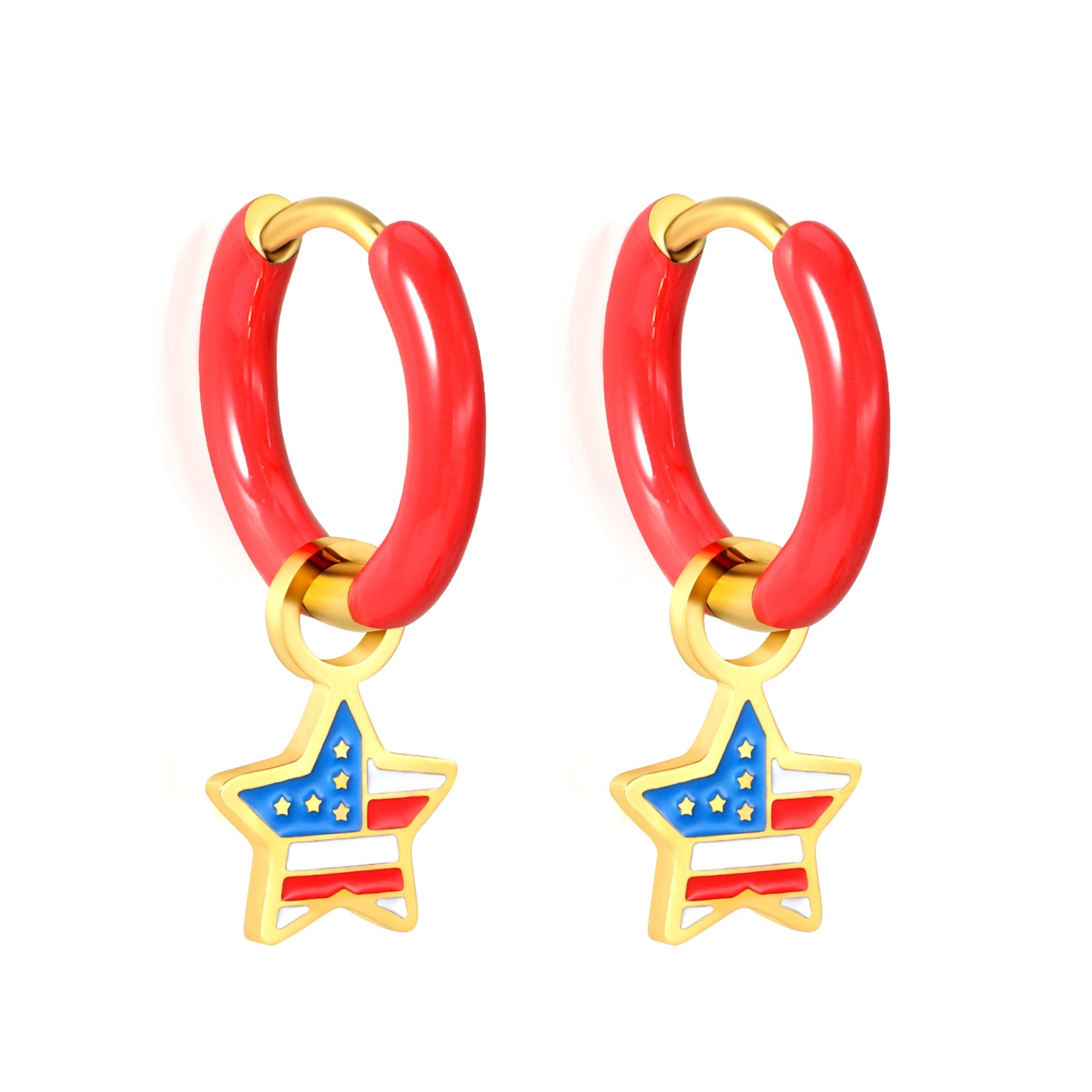 Americana Star Drop Hoops — Red Enamel & Gold