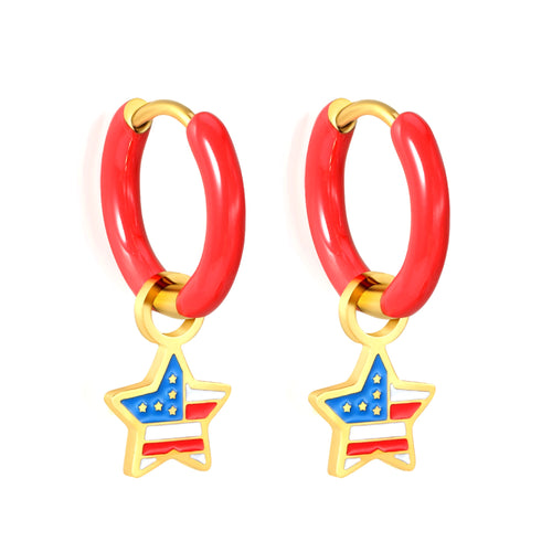 Americana Star Drop Hoops — Red Enamel & Gold