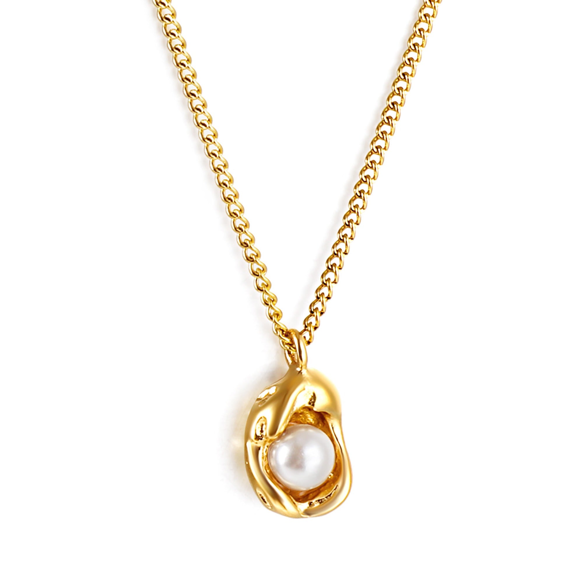 Pearl-in-Wave Pendant Necklace — Gold