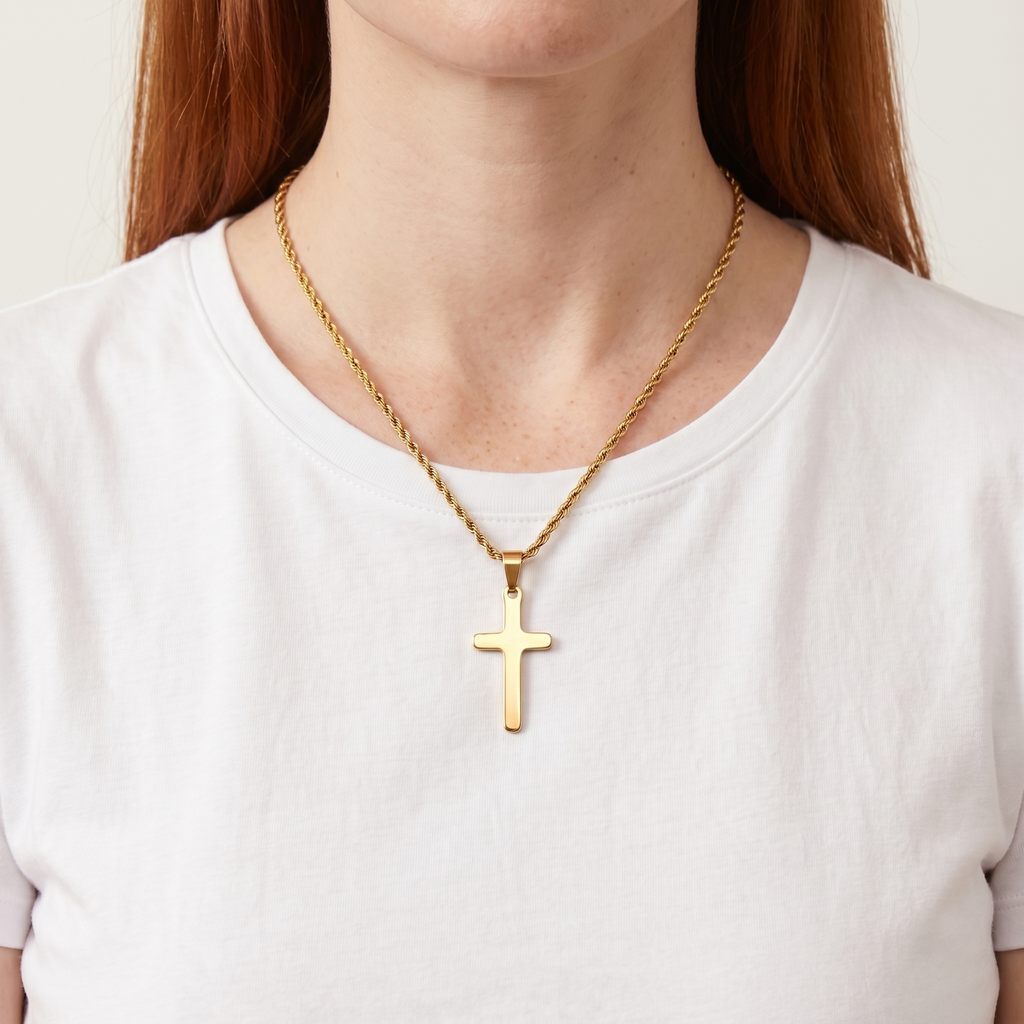 Brushed Cross Rope Chain Necklace — Gold