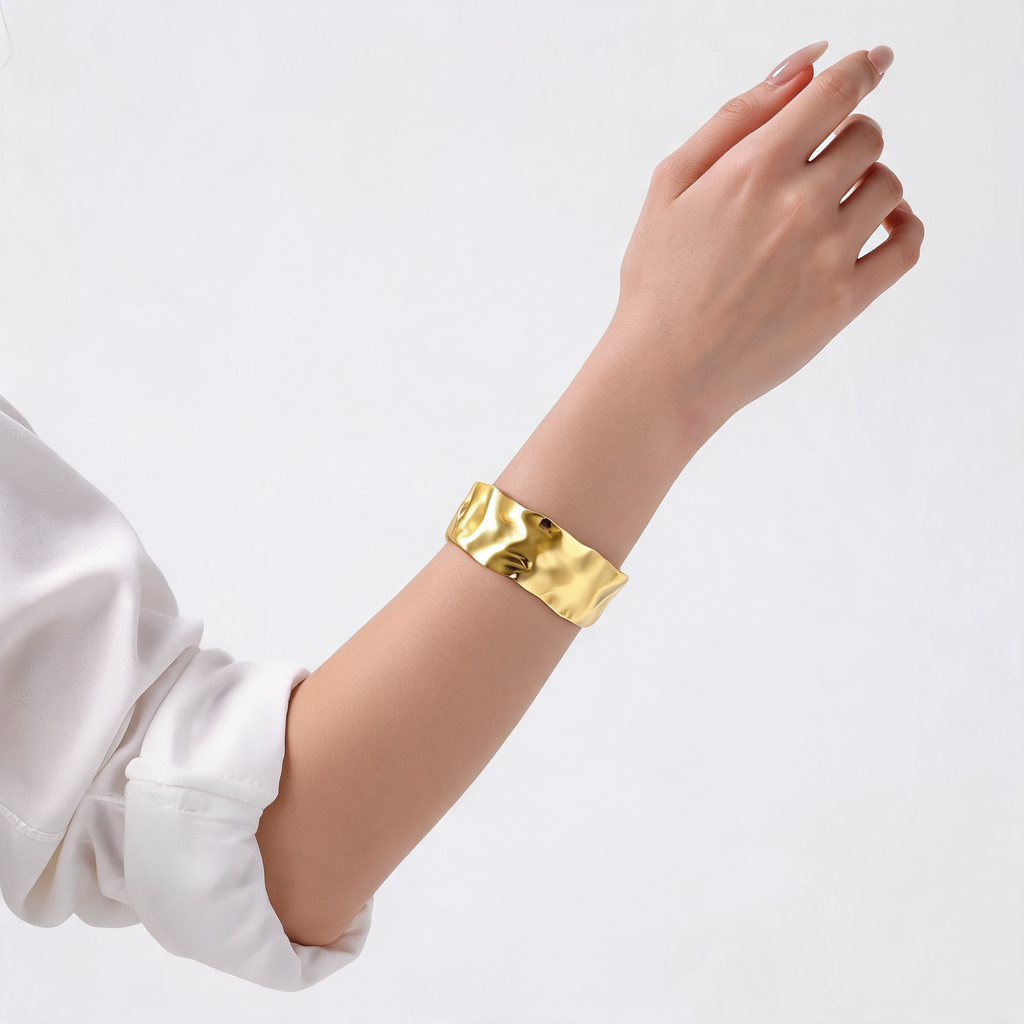 Hammered Wave Cuff Bracelet — Gold