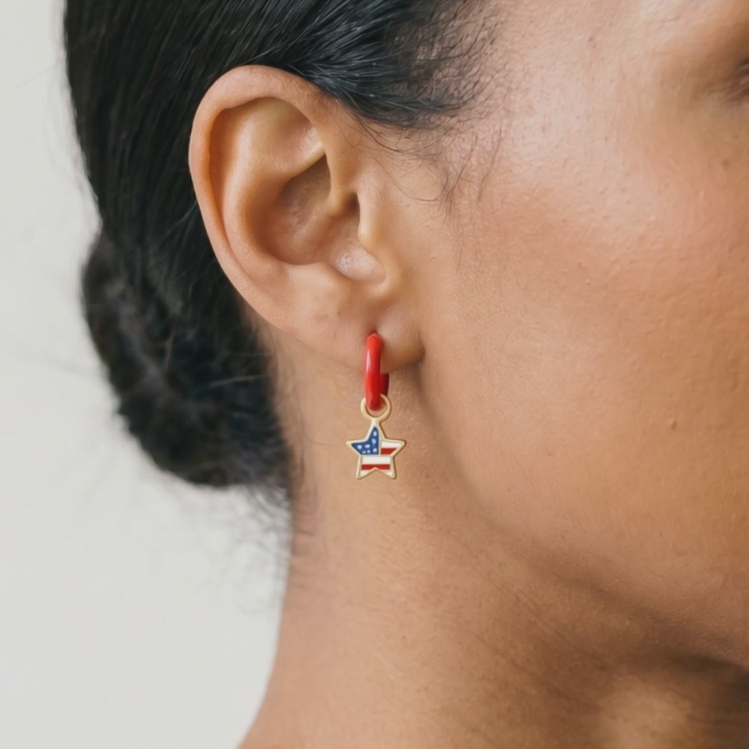 Americana Star Drop Hoops — Red Enamel & Gold
